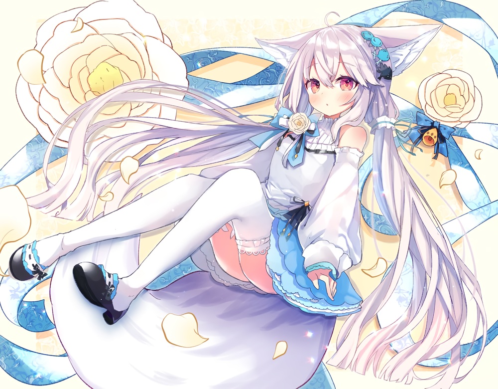 animal_ears, blush, dress, flowers, foxgirl, gray_hair, long_hair, original