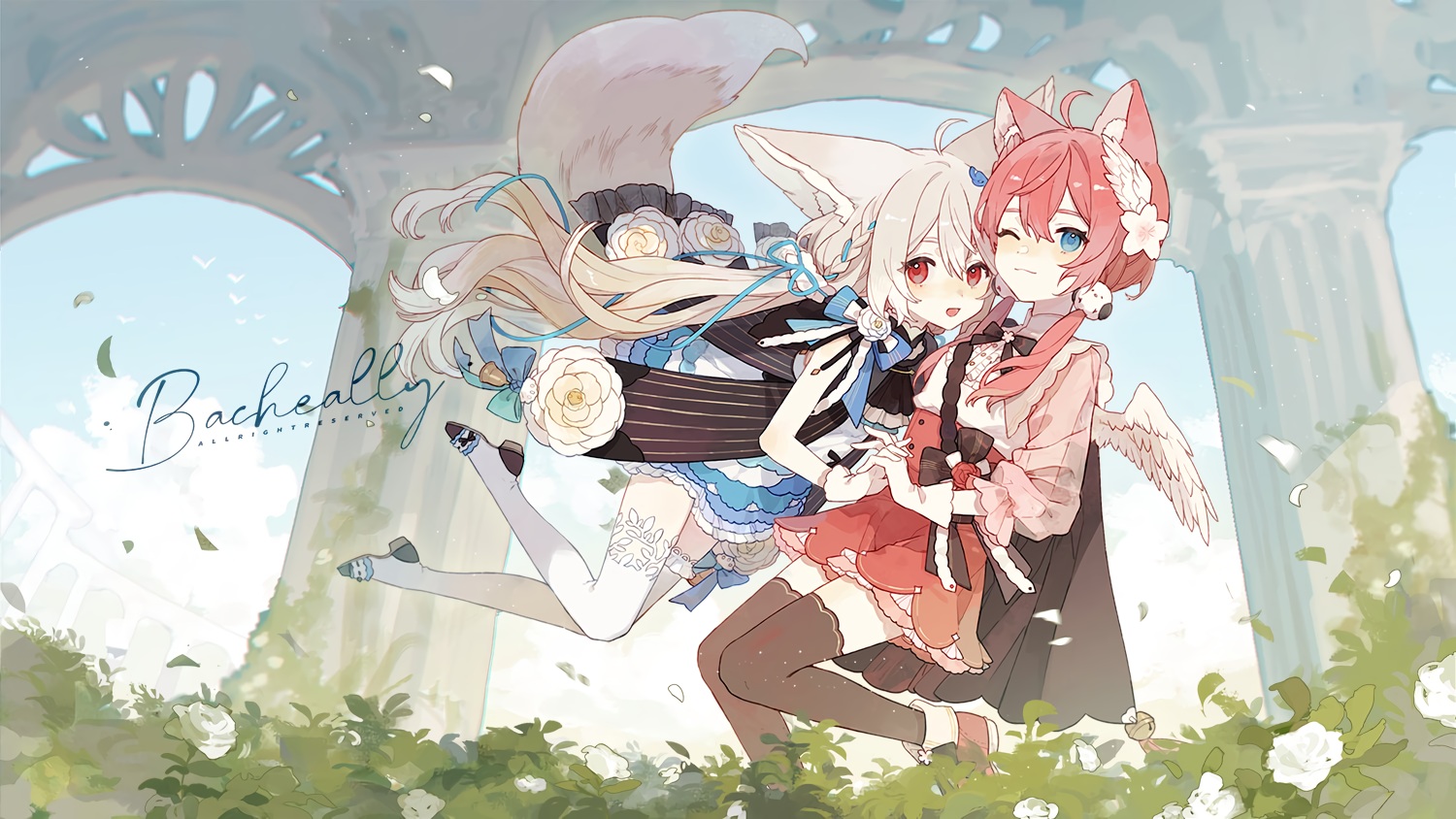 2girls, animal_ears, bacheally, bell, blue_eyes, boots, bow, cape