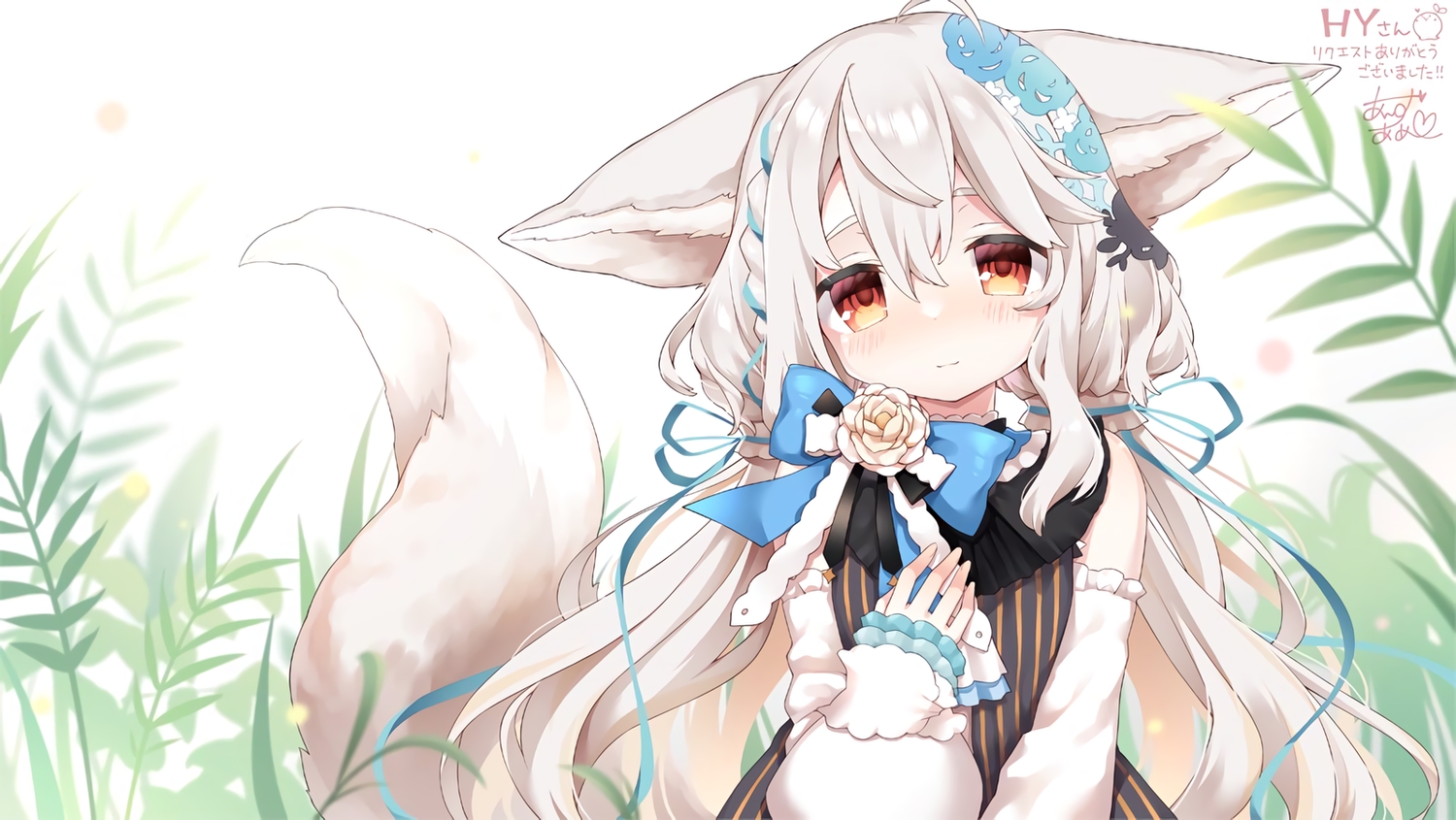 animal_ears, anzu_ame, blush, bow, braids, dress, foxgirl, gray_hair, leaves, long_hair, original, red_eyes, ribbons, sakurada_shiro, signed, tail, waifu2x