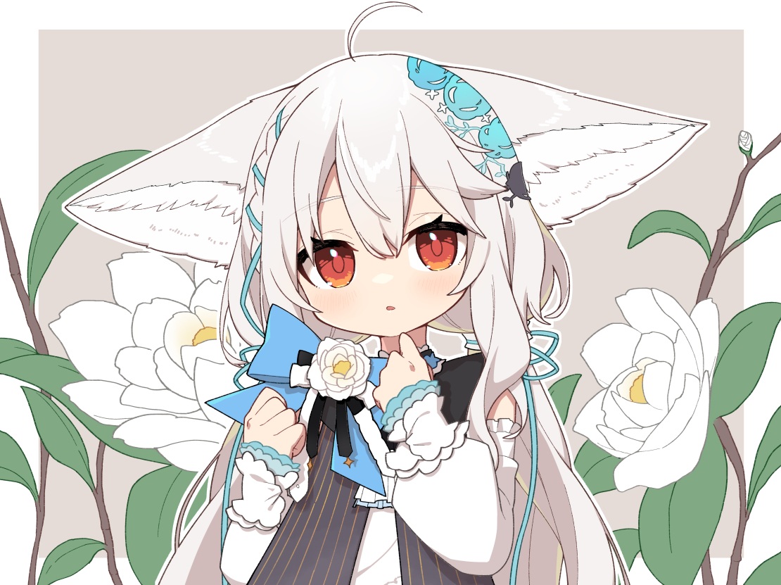 aliasing, animal_ears, blush, bow, braids, close, dress, flowers, foxgirl, gray_hair, loli, long_hair, mei_mu, original, red_eyes, ribbons, sakurada_shiro