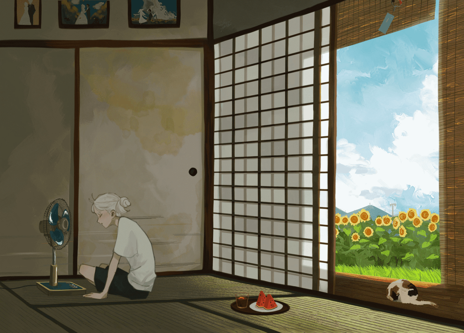 animal, animated, cat, clouds, drink, flowers, food, fruit, ivelovedsekaowa, original, ponytail, short_hair, sky, summer, sunflower, watermelon, white_hair