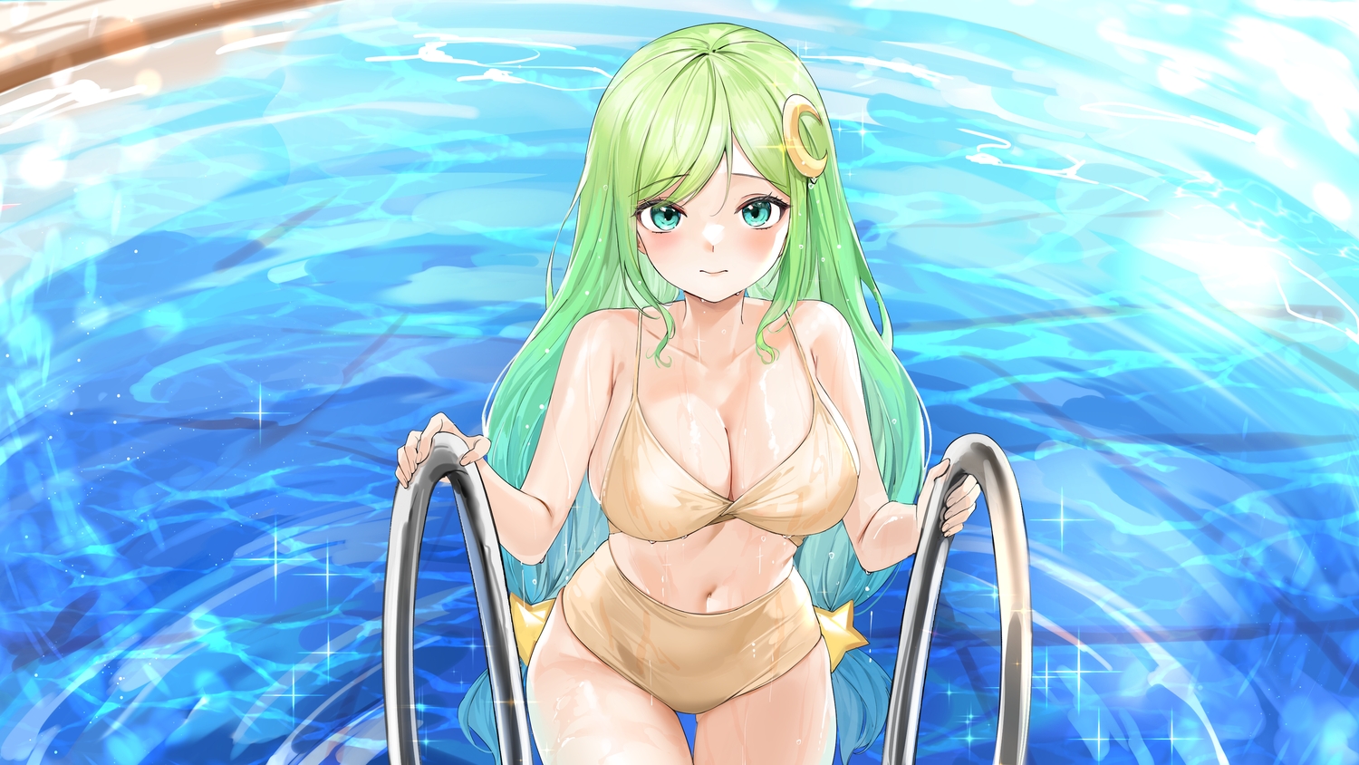 bikini, breasts, cleavage, green_hair, lillly, long_hair, navel, original