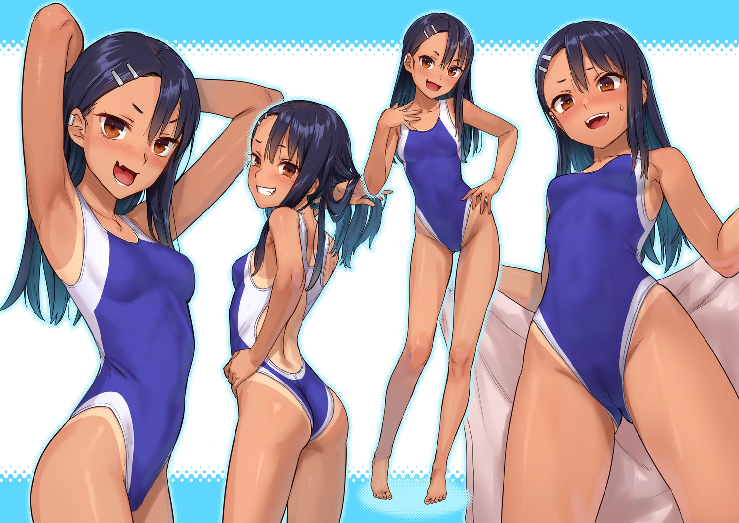 ass, black_hair, blush, breasts, brown_eyes, cameltoe, dark_skin, fang, ijiranaide_nagatoro-san, kawakami_rokkaku, long_hair, nagatoro_hayase, swimsuit, tan_lines