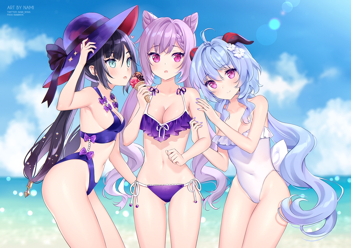 bikini, ganyu_(genshin_impact), genshin_impact, keqing_(genshin_impact), mona_megistus, nami_(nyaa), swimsuit, watermark