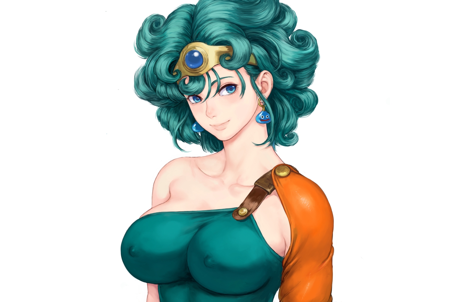aqua_hair, blue_eyes, breasts, close, dragon_quest, dragon_quest_iv, erect_nipples, headband, heroine_(dq4), short_hair, shu-mai, white