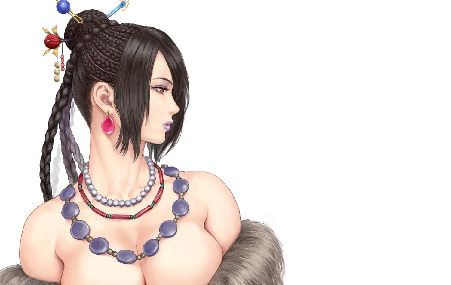 black_hair, braids, breasts, brown_eyes, cleavage, close, final_fantasy, final_fantasy_x, long_hair, lulu_(ffx), necklace, shu-mai, white