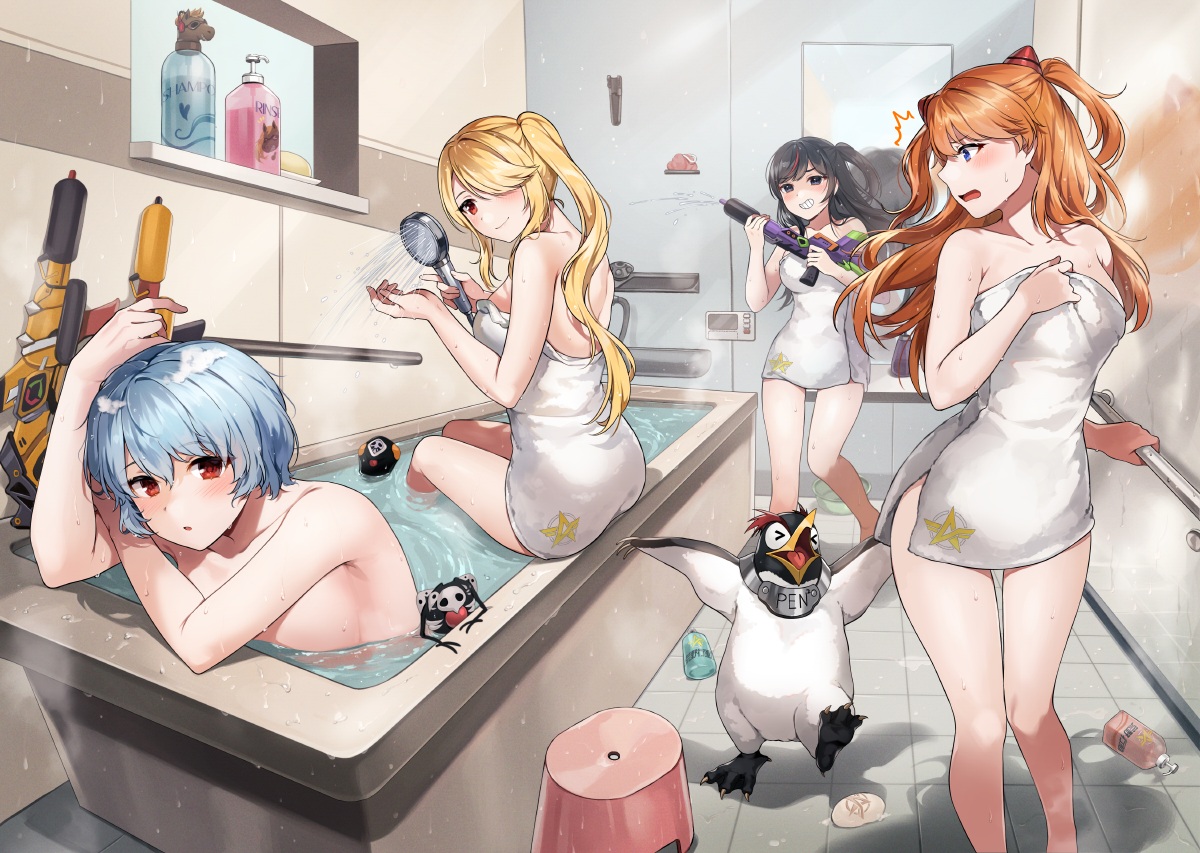 aliasing, animal, ayanami_rei, bath, bathtub, bird, black_eyes, black_hair, blonde_hair, blue_eyes, blue_hair, blush, breast_hold, crossover, gijang, group, gun, knives_out, mirror, neon_genesis_evangelion, nude, orange_hair, penguin, ponytail, red_eyes, reflection, short_hair, soryu_asuka_langley, towel, twintails, water, weapon, wet