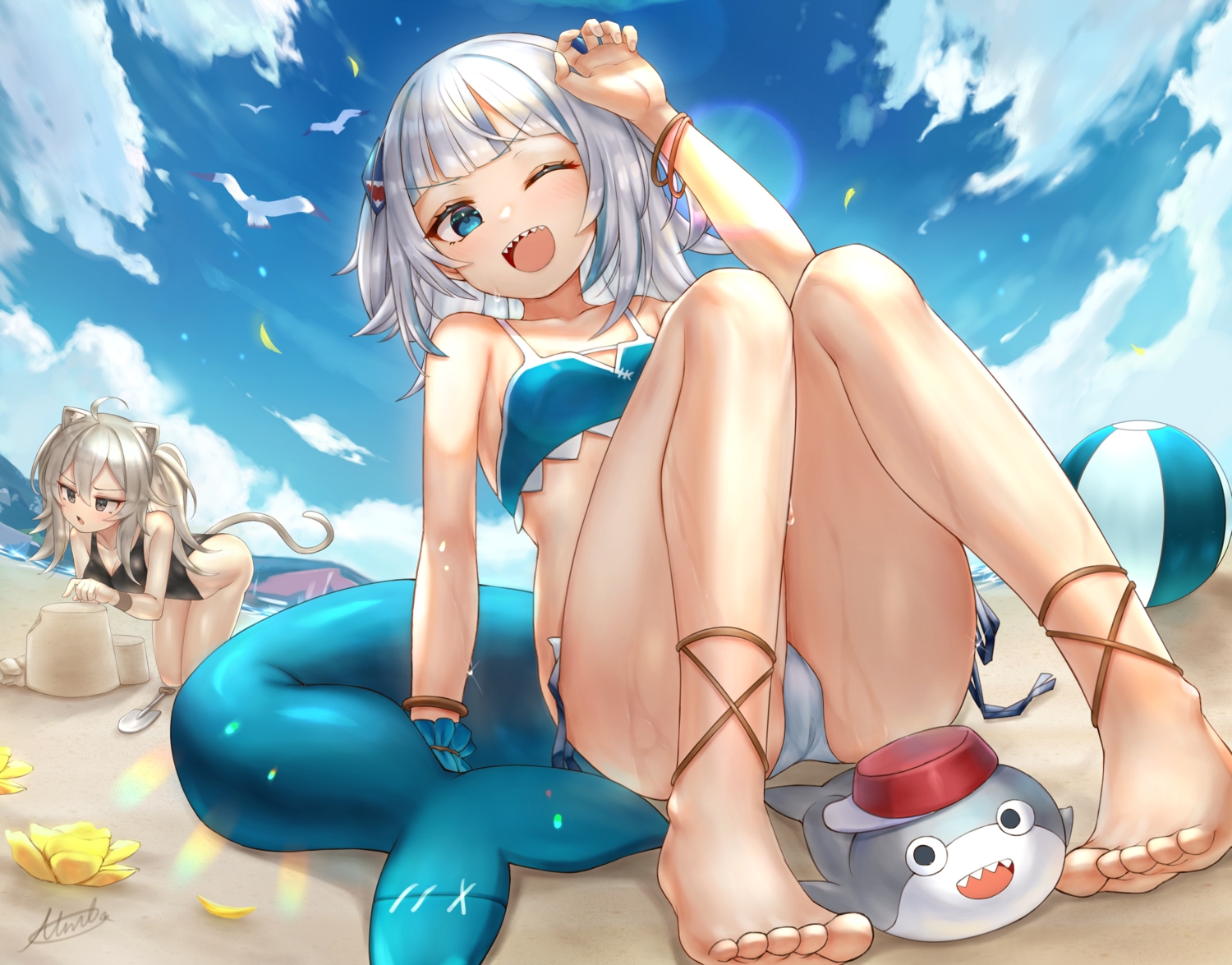 2girls, animal, animal_ears, ball, barefoot, bikini, bird, blue_eyes, brown_eyes, catgirl, clouds, fang, flowers, gawr_gura, gray_hair, hololive, miko_no_kamiko, shishiro_botan, signed, sky, swimsuit, tail, wink