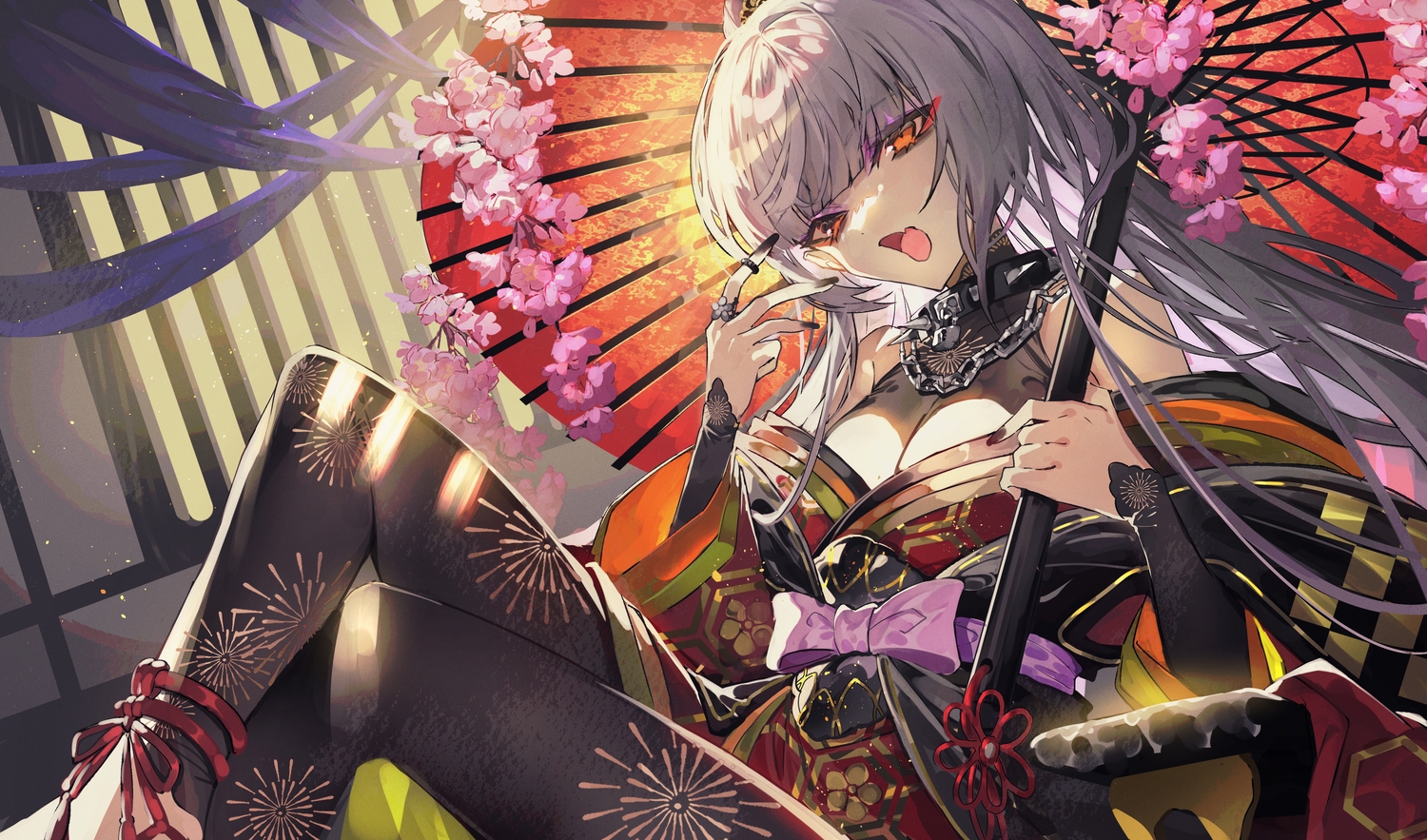 collar, japanese_clothes, mura_karuki, umbrella