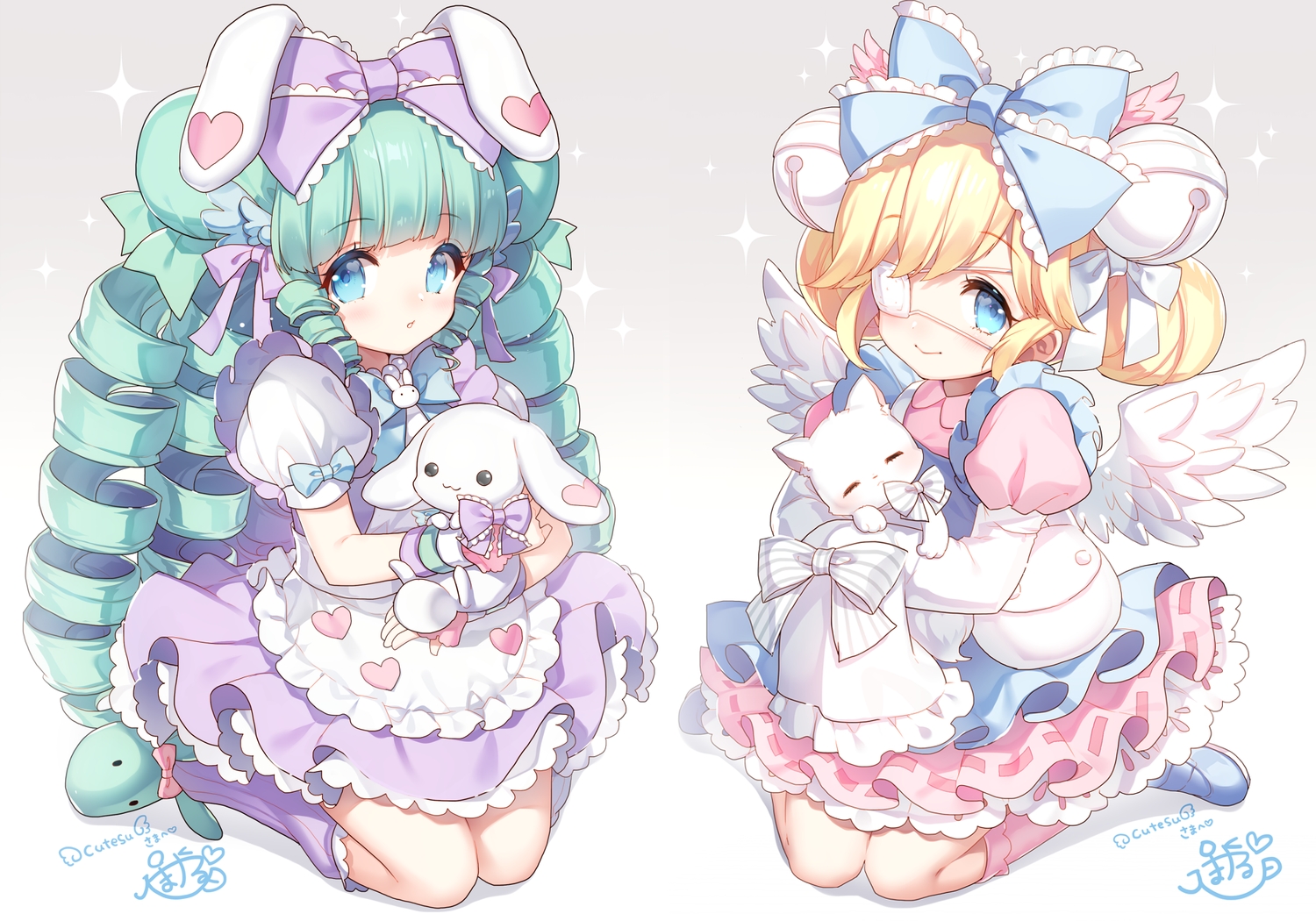 2girls, animal, animal_ears, apron, aqua_eyes, bell, blonde_hair, blush, bow, bunny_ears, bunnygirl, cat, cutesu_(cutesuu), eyepatch, green_hair, kneehighs, lolita_fashion, long_hair, masaru.jp, miruku_(cutesuu), original, rabbit, socks, wings