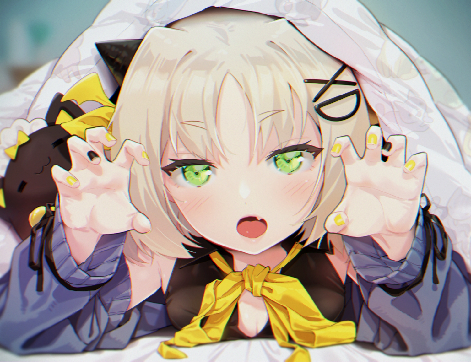 agnamore, animal, blonde_hair, blush, bow, cat, close, fang