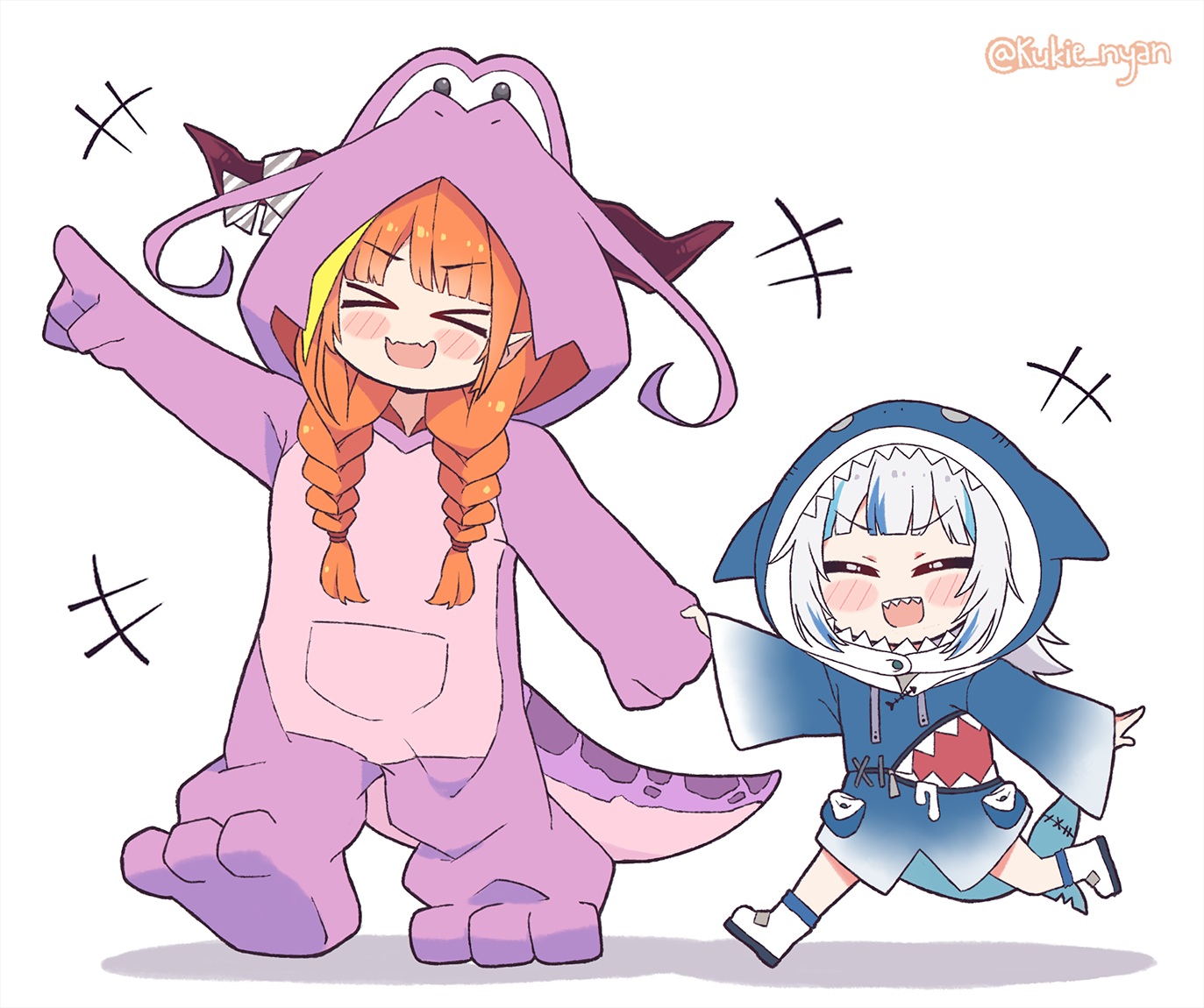2girls, blush, boots, braids, chibi, fang, gawr_gura, gray_hair