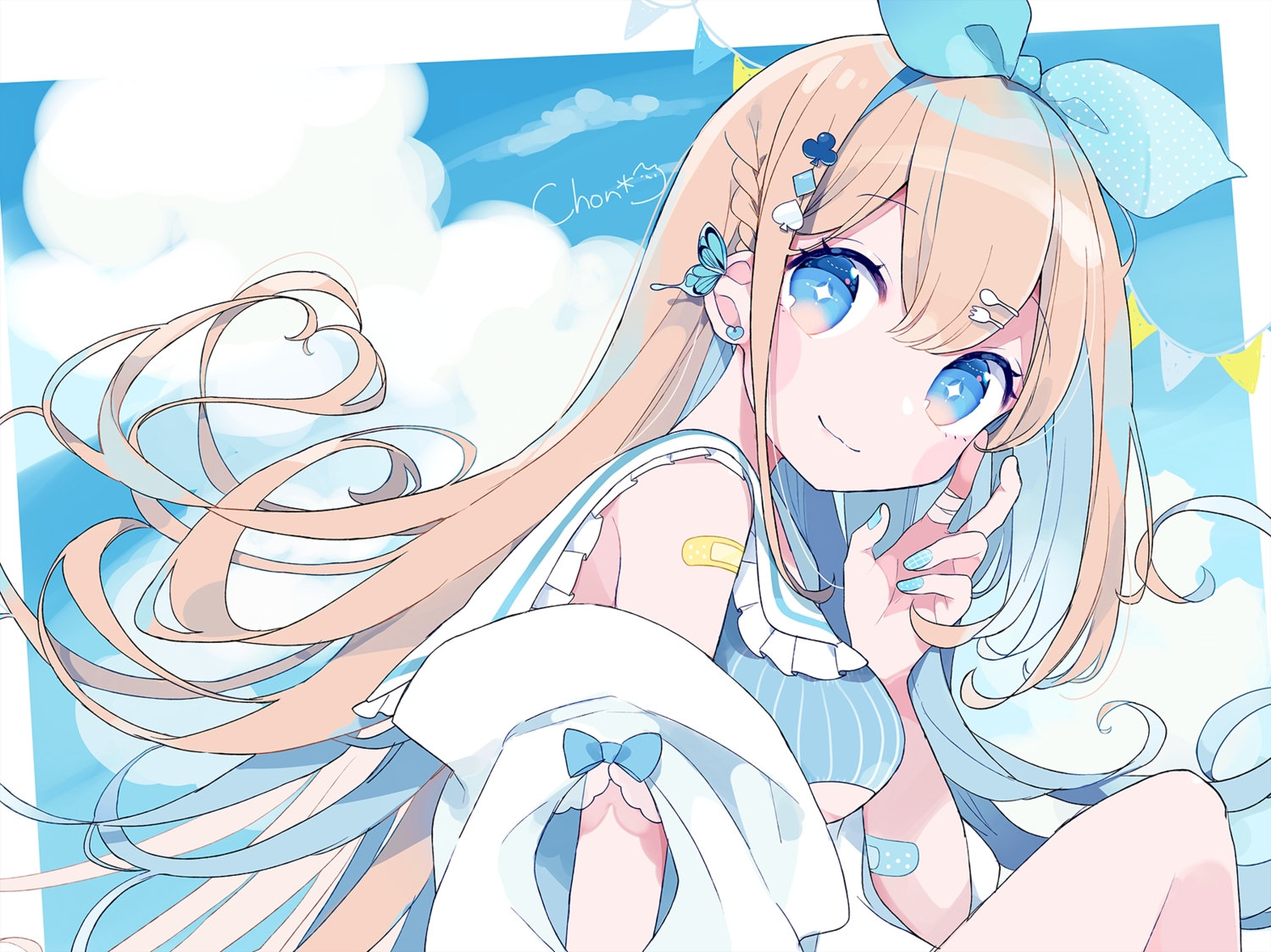 aqua_eyes, bandage, bandaid, blonde_hair, braids, chon_(chon33v), close, clouds, headband, long_hair, original, polychromatic, signed, sky
