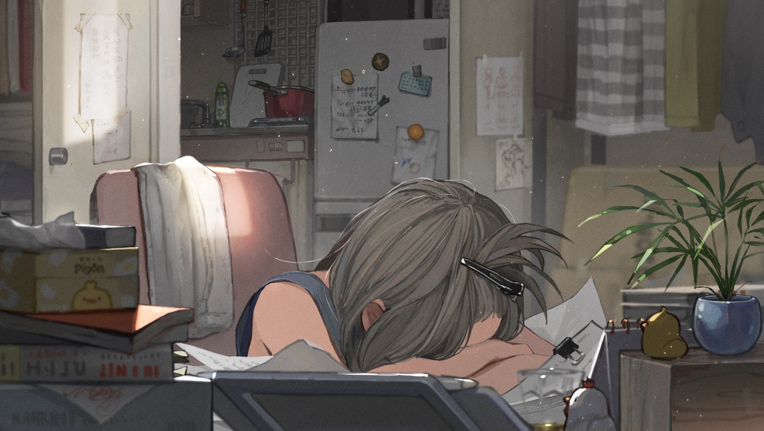 book, drink, gray_hair, original, paper, sleeping, utaka_(anyoanyot)