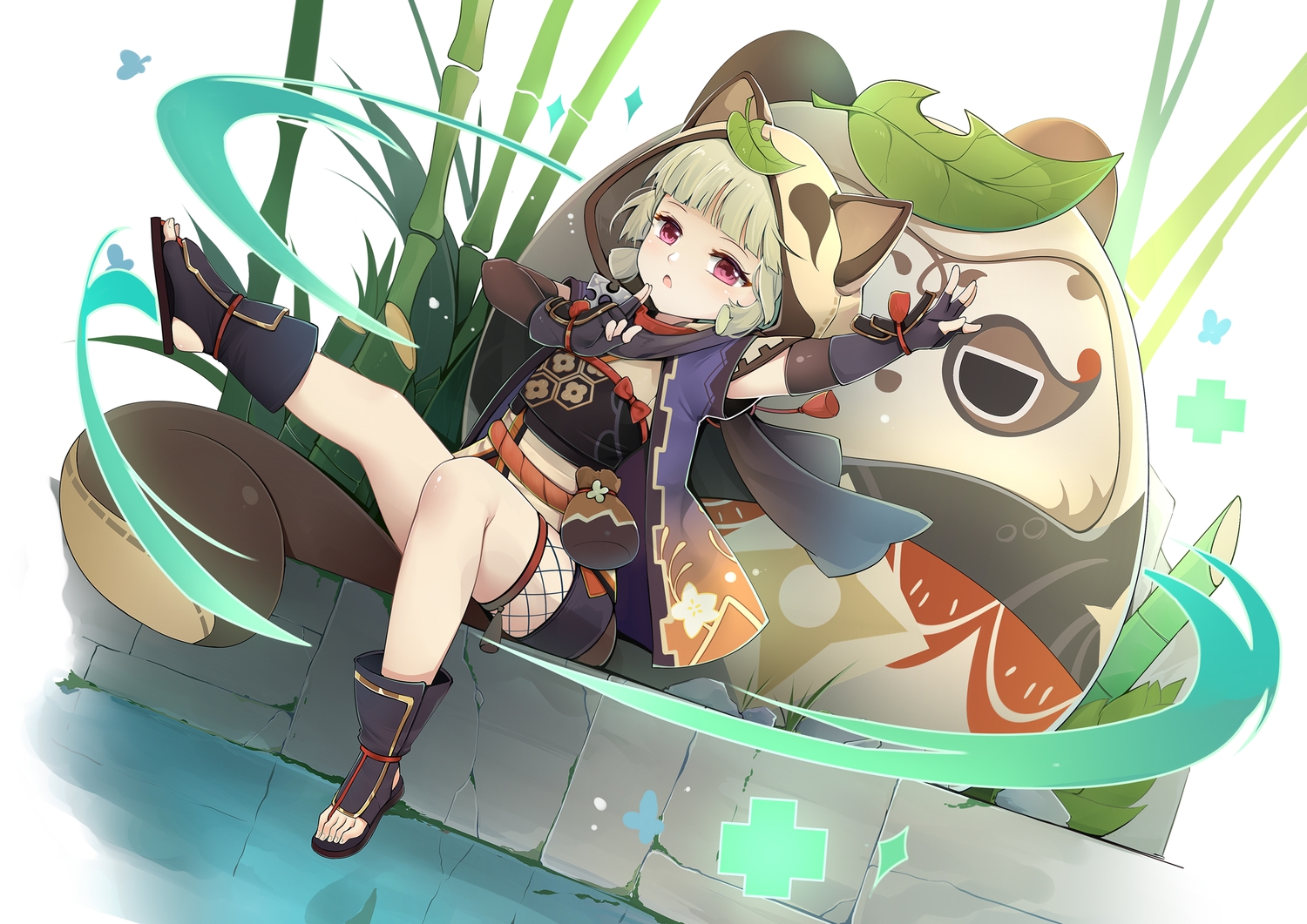 animal_ears, armor, cape, elbow_gloves, genshin_impact, gloves, hood, leaves