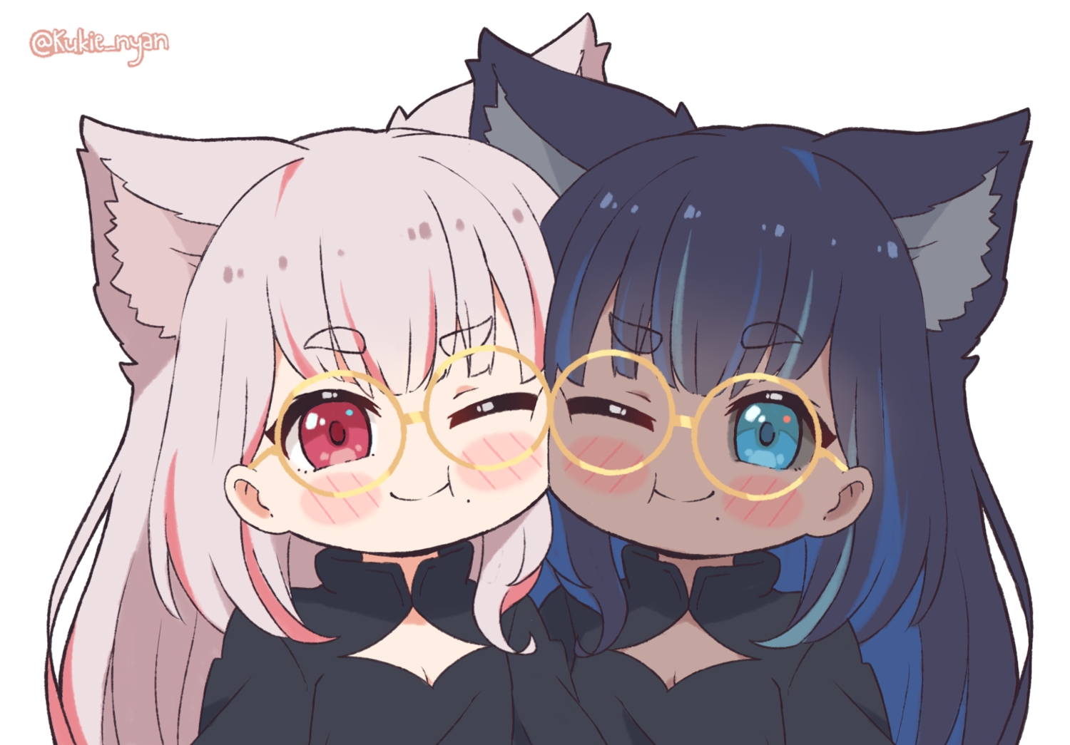 2girls, animal_ears, black_hair, blue_eyes, blush, breasts, chibi, cleavage