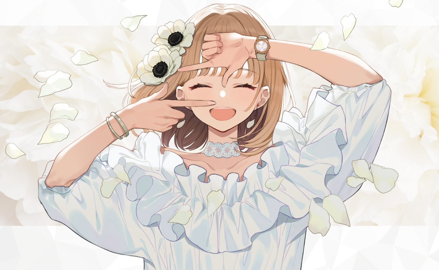 brown_hair, choker, close, flowers, original, petals, short_hair, wristwear