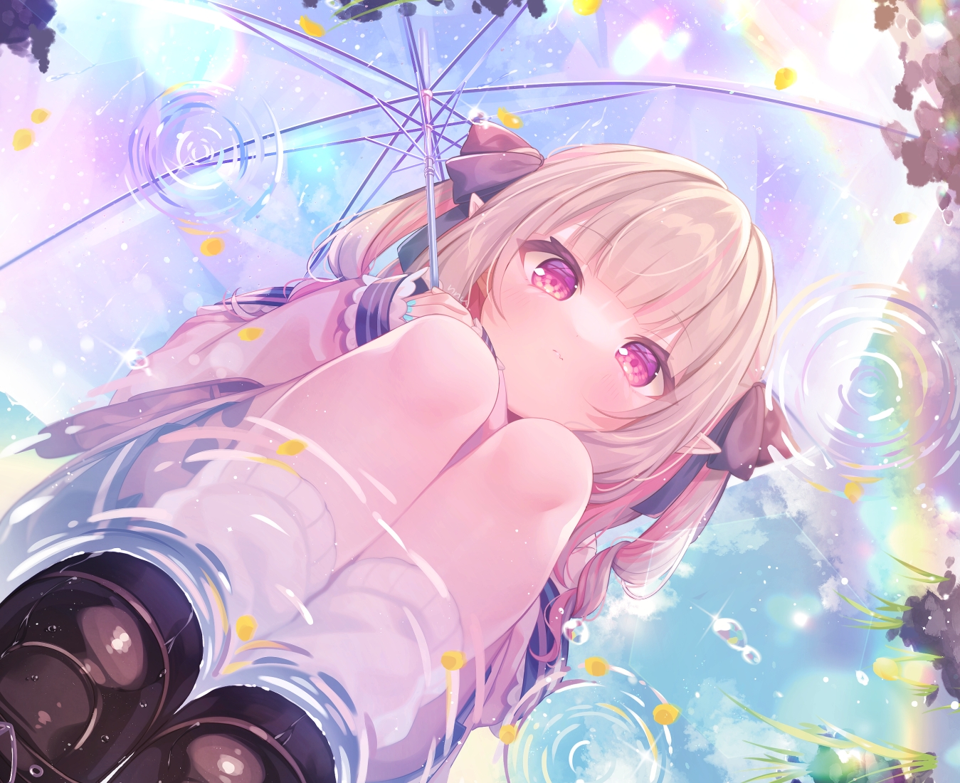 blush, bow, brown_hair, close, clouds, cropped, fang, komachi_pochi, loli, long_hair, makaino_ririmu, nijisanji, petals, pink_eyes, pointed_ears, rainbow, reflection, ribbons, skirt, sky, socks, twintails, umbrella, water