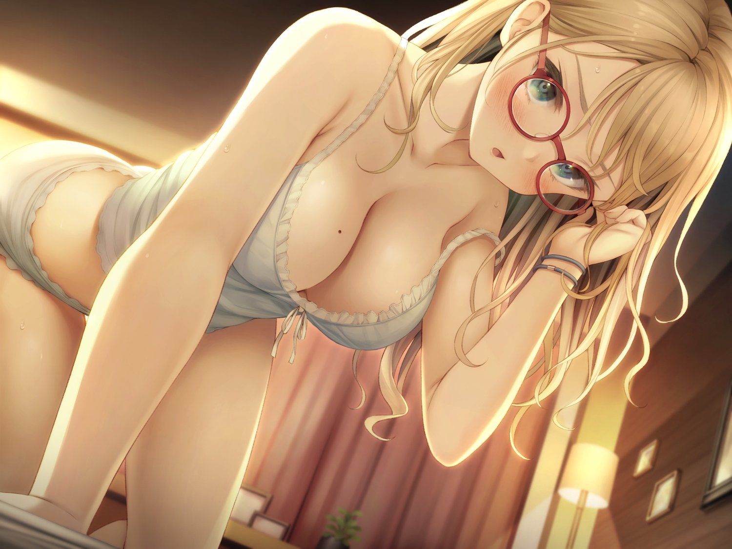 blonde_hair, blush, breasts, cleavage, glasses, green_eyes, long_hair, namaru_(summer_dandy), original, pajamas, shorts, wristwear