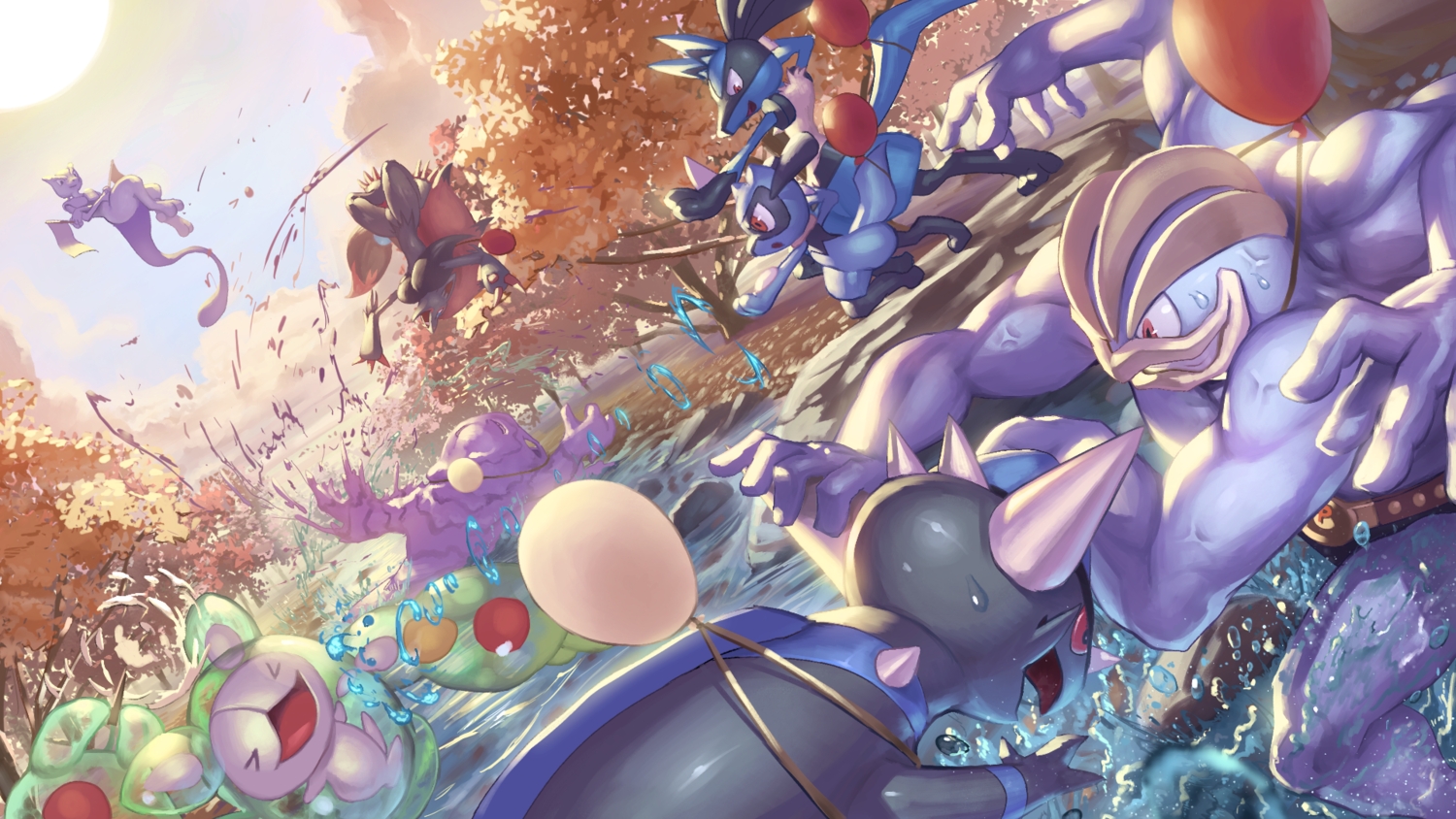 autumn, forest, lucario, machamp, mewtwo, muk, no_humans, pokemon