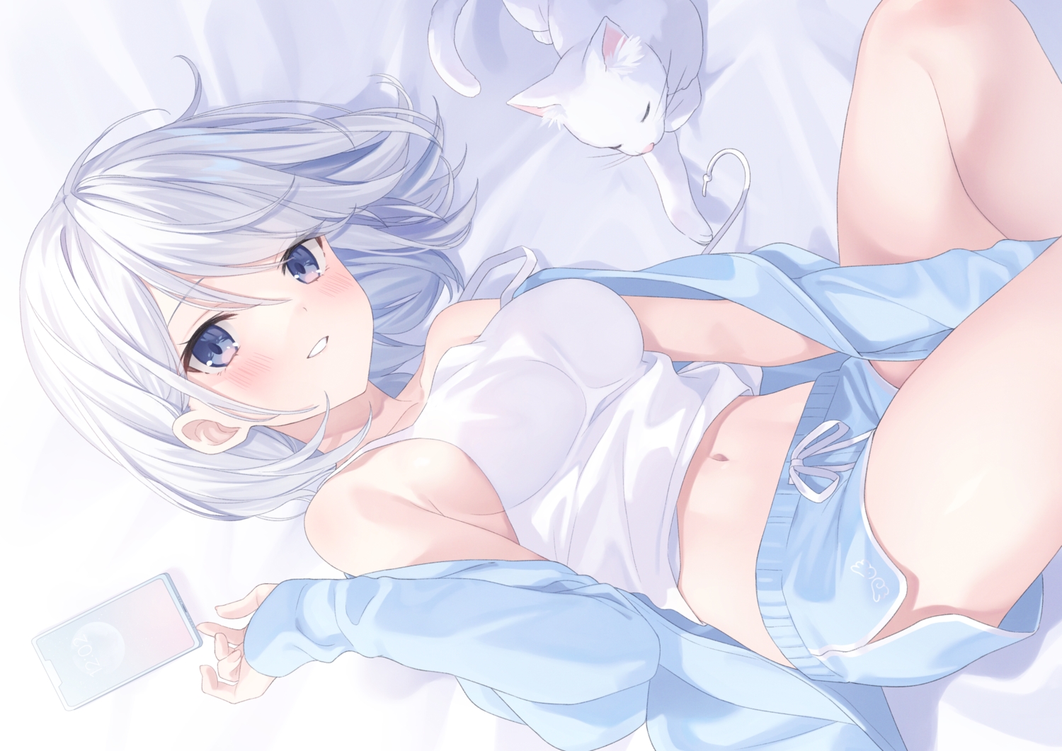 animal, blue_eyes, blush, breasts, cat, hood, jimmy_madomagi, navel, no_bra, original, phone, short_hair, shorts, sideboob, white_hair