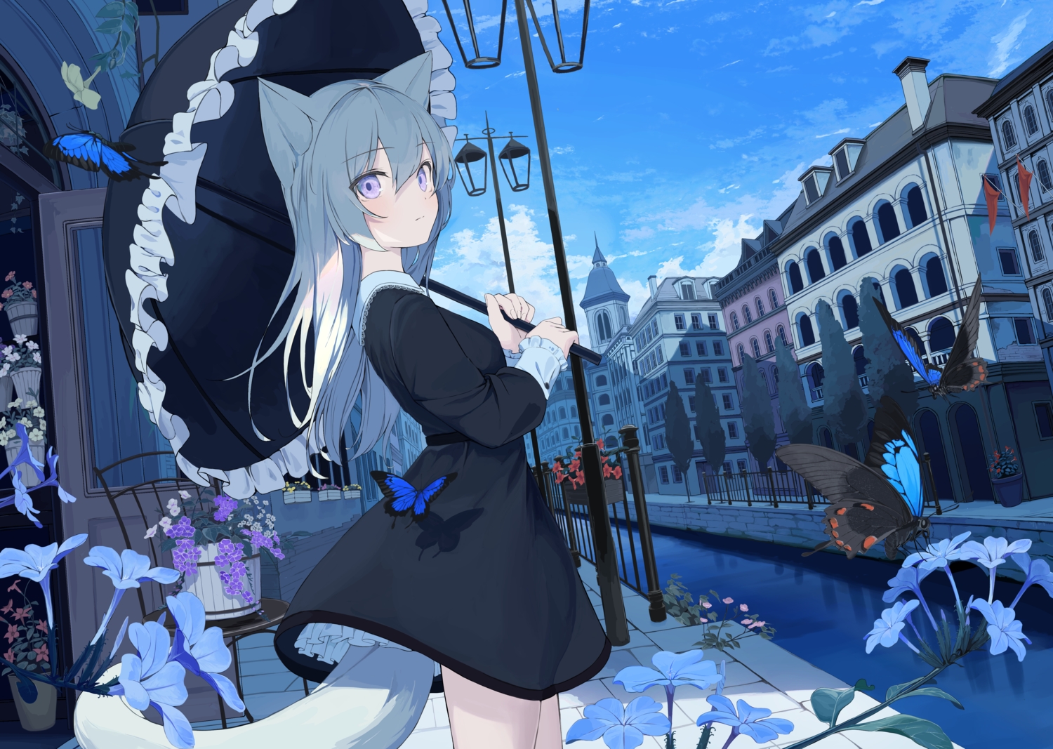 animal_ears, building, butterfly, catgirl, clouds, dress, flowers, mikisai, original, sky, tail, umbrella, water