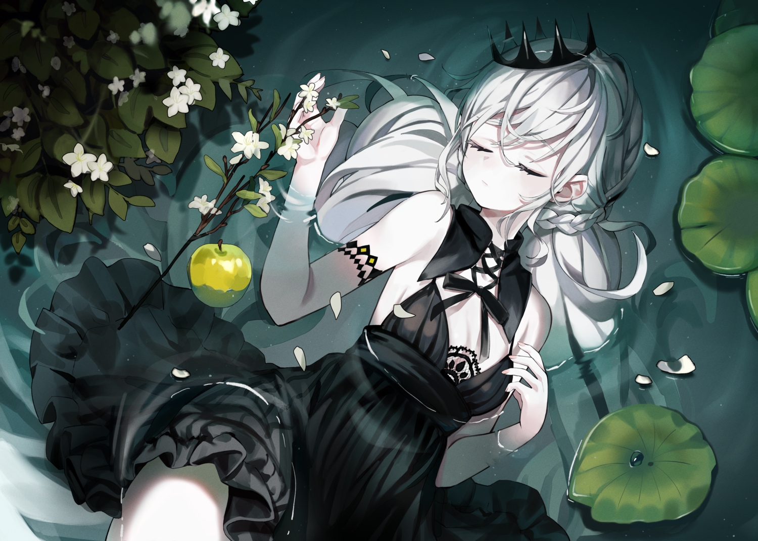 apple, bizette, crown, dress, flowers, food, fruit, gray_hair