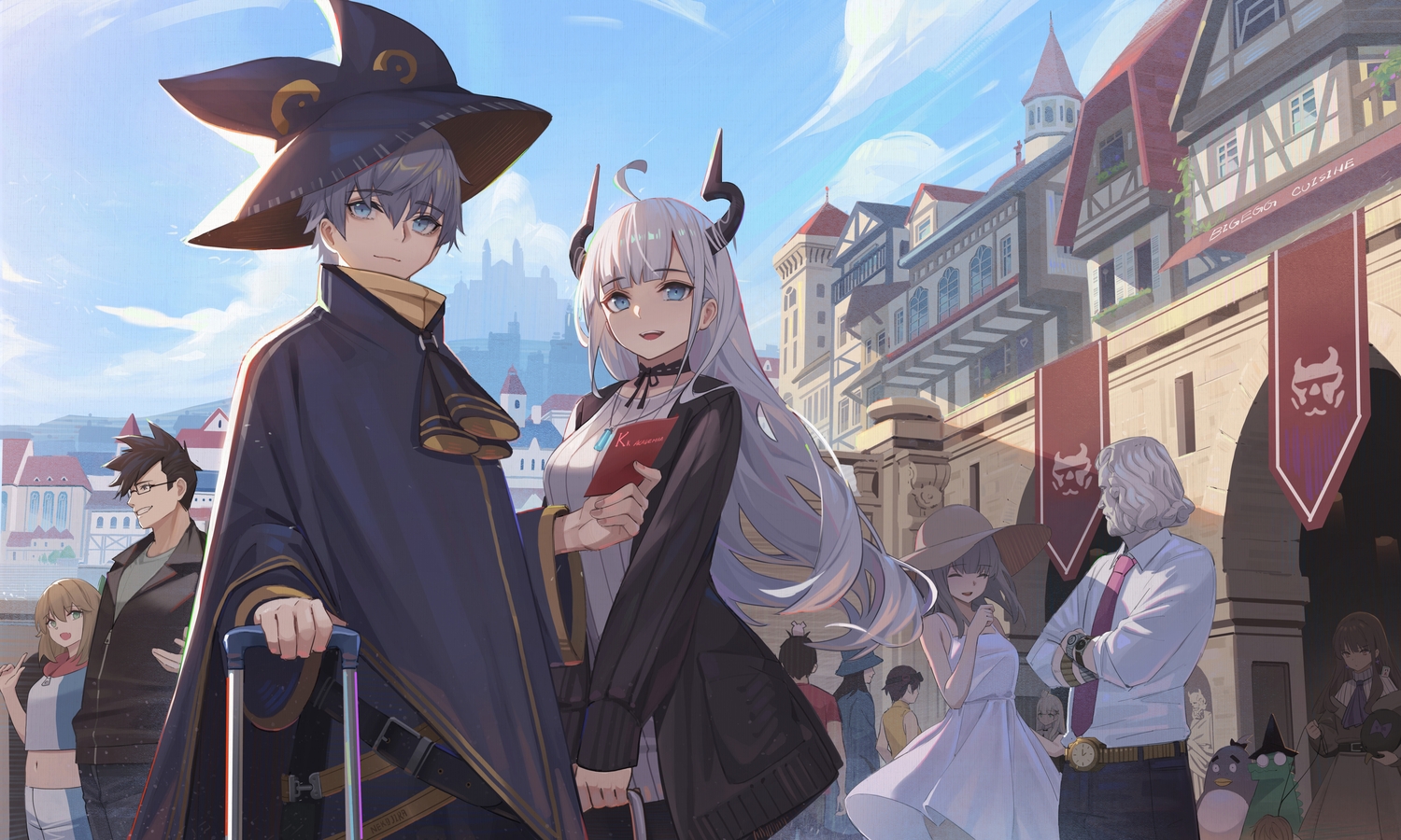 black_hair, blonde_hair, blue_eyes, brown_hair, building, clouds, dress, glasses
