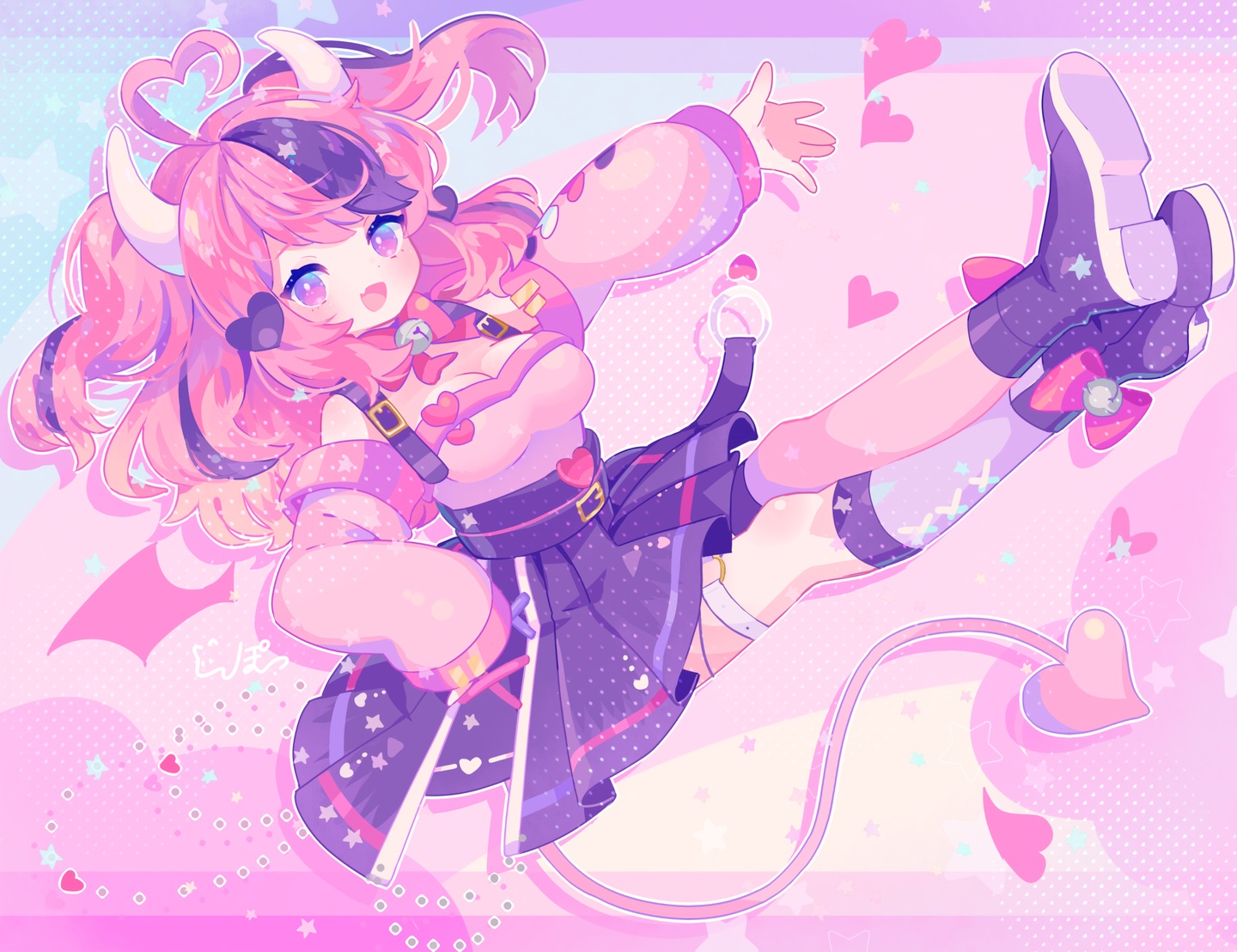 bell, boots, bow, breasts, cleavage, fang, garter, heart, horns, indie_virtual_youtuber, ironmouse, komusun, loli, pink, pink_eyes, pink_hair, polychromatic, short_hair, signed, skirt, tail, twintails, waifu2x