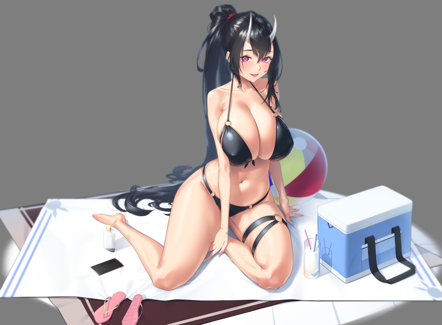 aliasing, ball, barefoot, bikini, black_hair, demon, drink, horns, long_hair, navel, original, phone, ponytail, purple_eyes, silver_tokki, swimsuit, transparent
