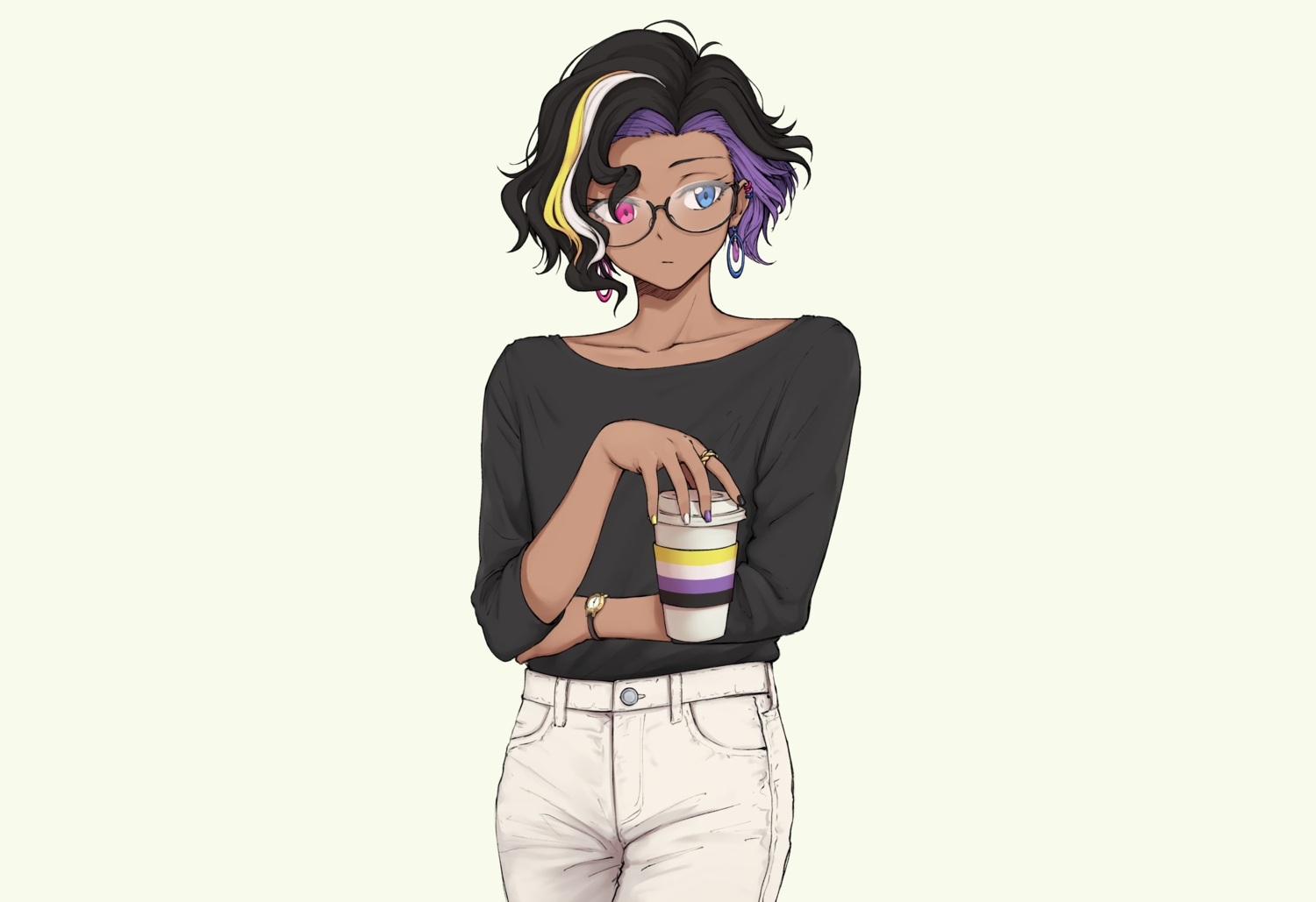alex_(pas_(paxiti)), bicolored_eyes, black_hair, drink, original, pas_(paxiti), short_hair, wristwear