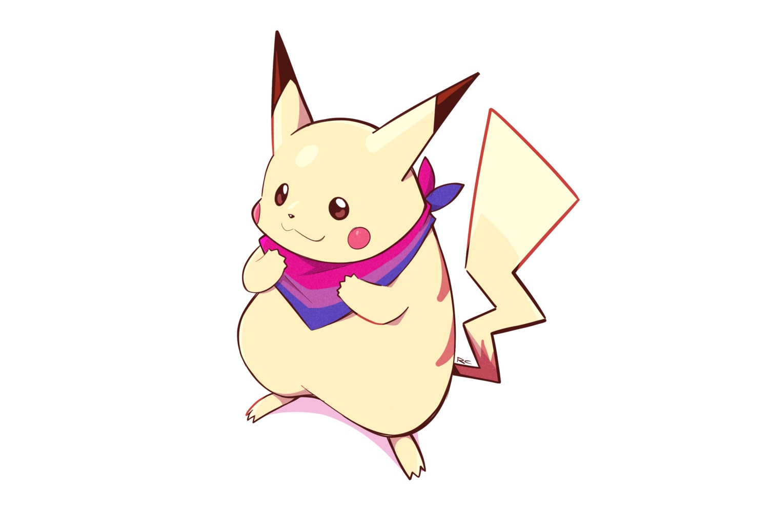 artsy-rc, cat_smile, close, no_humans, pikachu, pokemon, polychromatic, scarf, signed, white