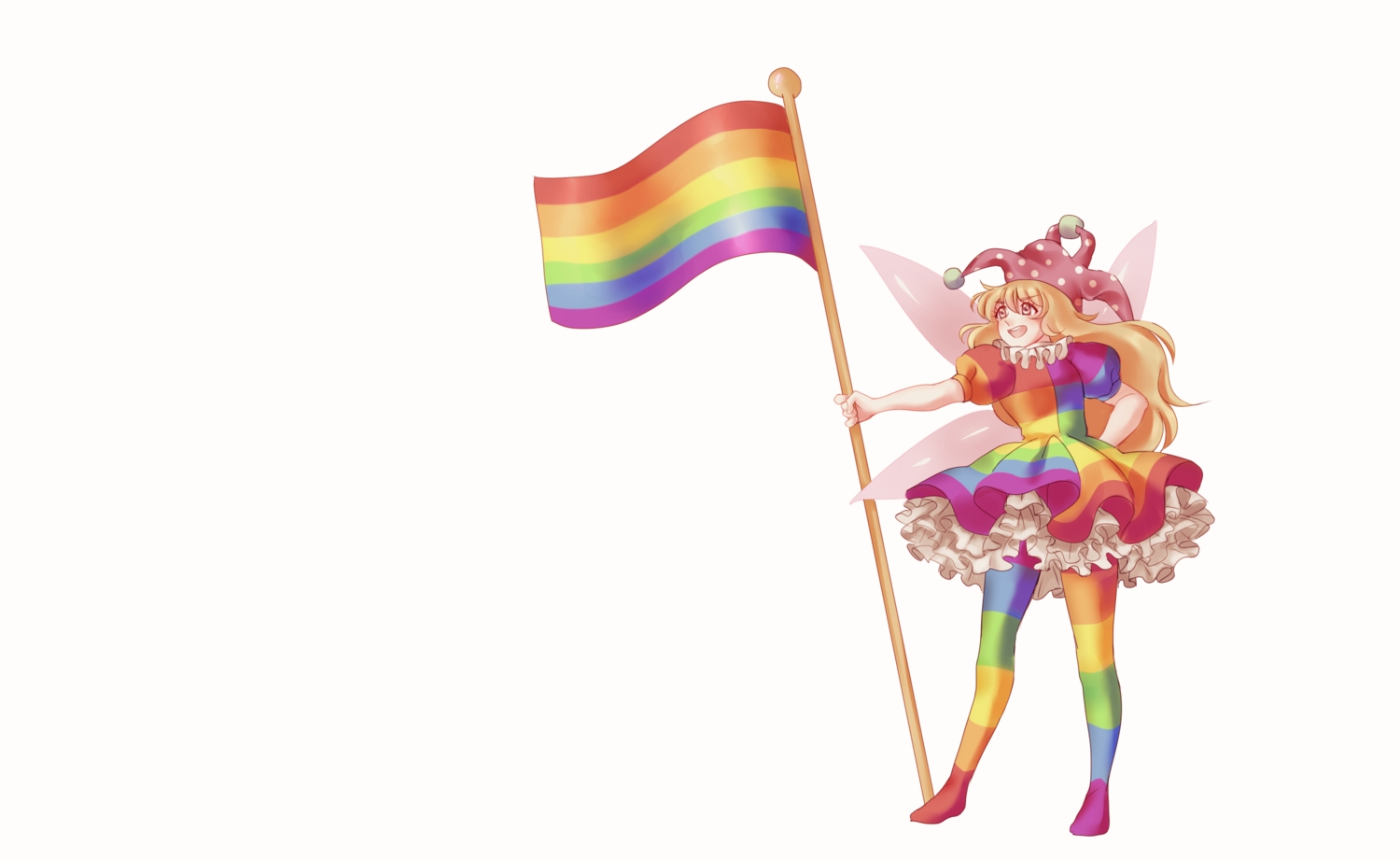 blonde_hair, clownpiece, dress, fairy, hat, long_hair, orz_(kagewaka), pantyhose