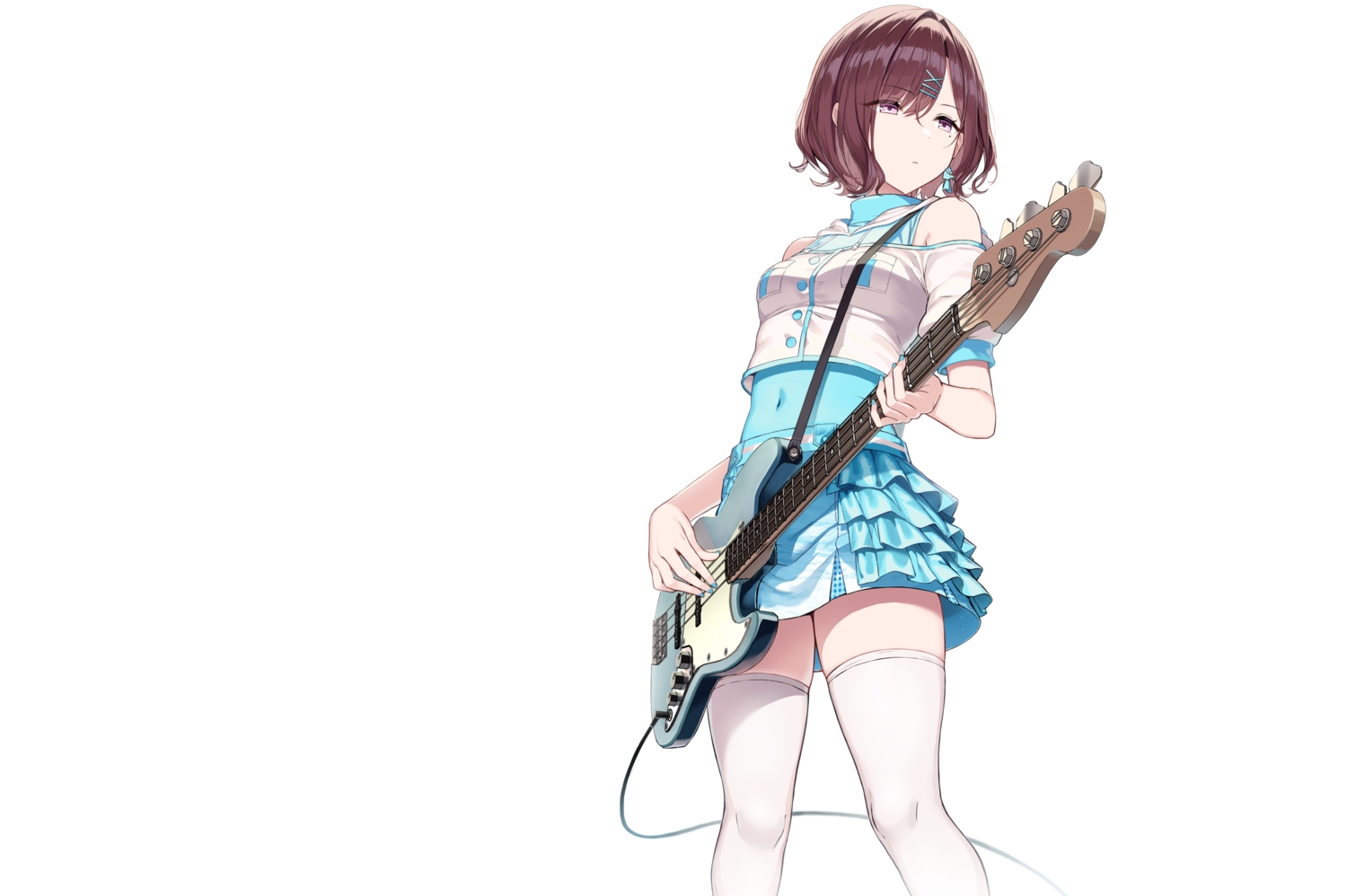 brown_hair, greatmosu, guitar, higuchi_madoka, hood, idolmaster, idolmaster_shiny_colors, instrument