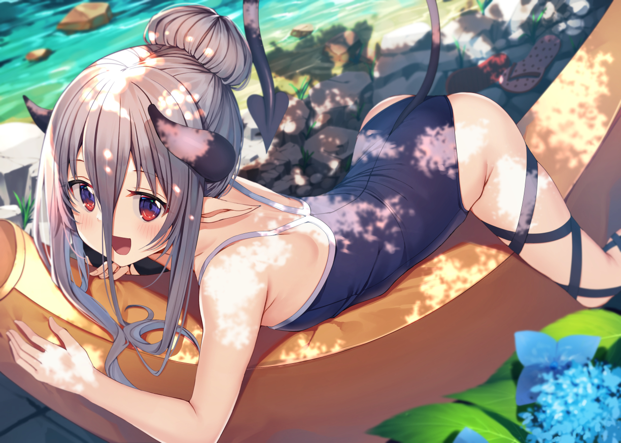 ass, blush, demon, flat_chest, flowers, gray_hair, gurasion_(gurasion), horns, monster_company, pointed_ears, red_eyes, school_swimsuit, swimsuit, tail, water