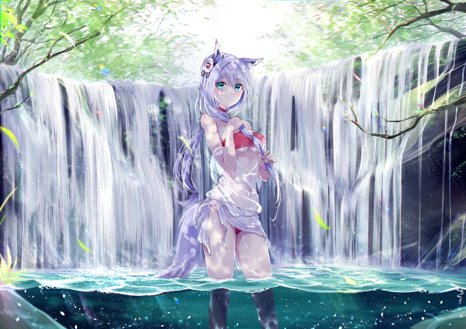aliasing, animal_ears, bikini, braids, dress, foxgirl, green_eyes, leaves, long_hair, meen_(ouaughikepdvrsf), open_shirt, original, purple_hair, see_through, swimsuit, tail, water, waterfall, wet