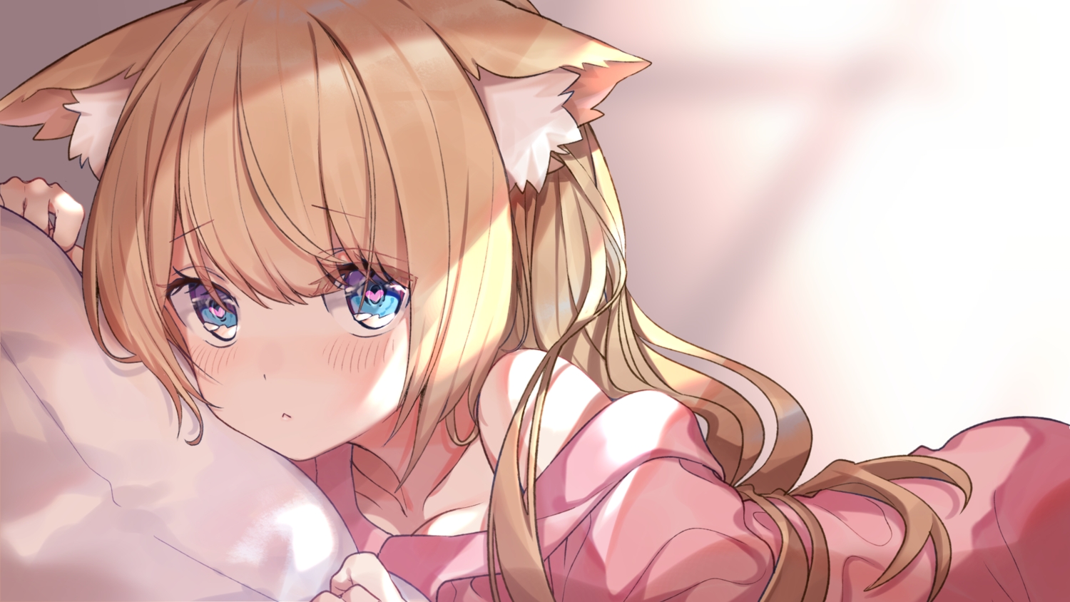 animal_ears, aqua_eyes, bed, blonde_hair, blush, catgirl, close, hanazono_serena, indie_virtual_youtuber, long_hair, tagme_(artist)