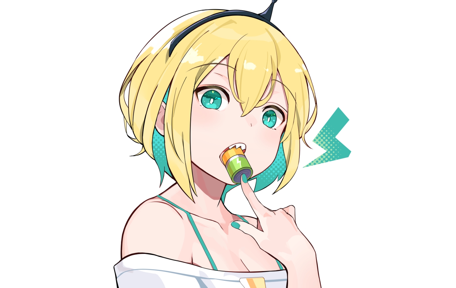 amano_pikamee, blonde_hair, breasts, cleavage, close, green_eyes, headband, san_ke_yue_shi, short_hair, third-party_edit, voms, white