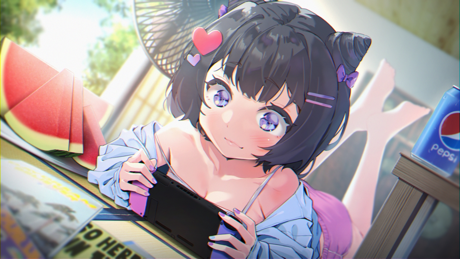 agnamore, barefoot, black_hair, blush, drink, fan, food, fruit