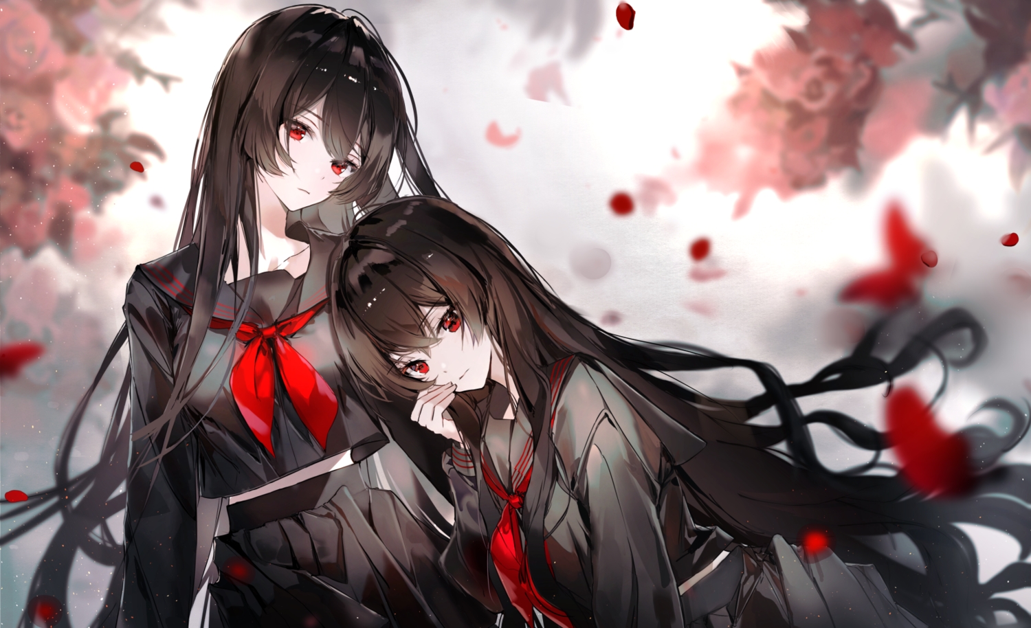 2girls, black_hair, butterfly, long_hair, naru_(ul), original, polychromatic, red_eyes