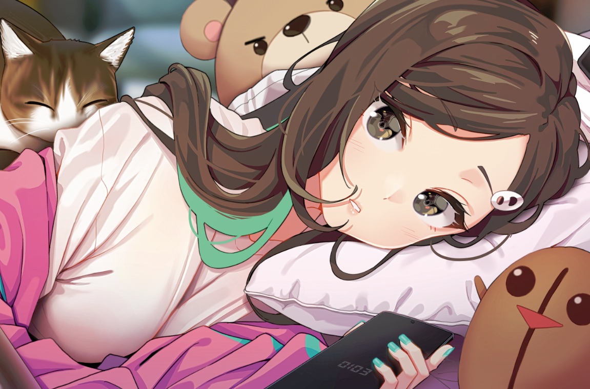 agnamore, animal, bed, blush, brown_eyes, brown_hair, cat, close