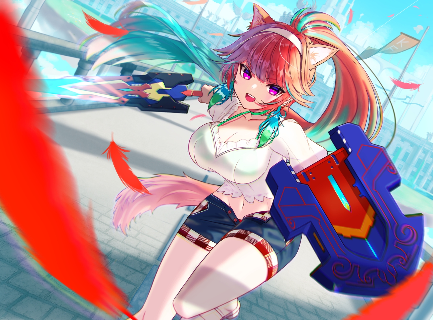 animal_ears, breasts, catgirl, choker, cleavage, feathers, headband, hololive, inari_(ambercrown), long_hair, navel, ponytail, purple_eyes, red_hair, shorts, sword, tail, takanashi_kiara, weapon