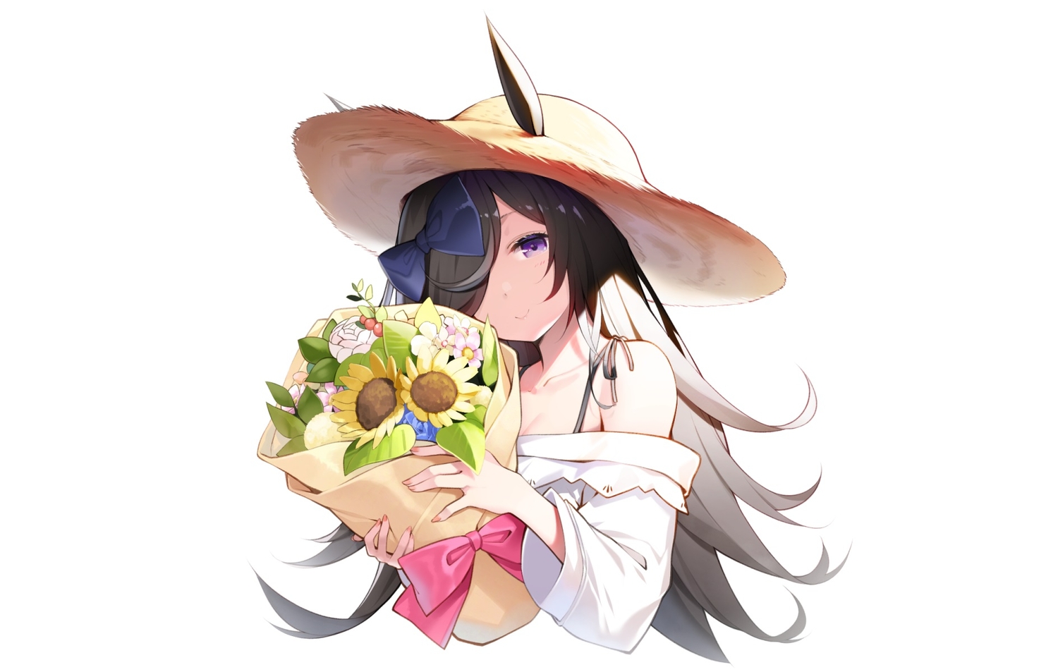 animal_ears, anthropomorphism, black_hair, bow, flowers, hat, long_hair, nekomu