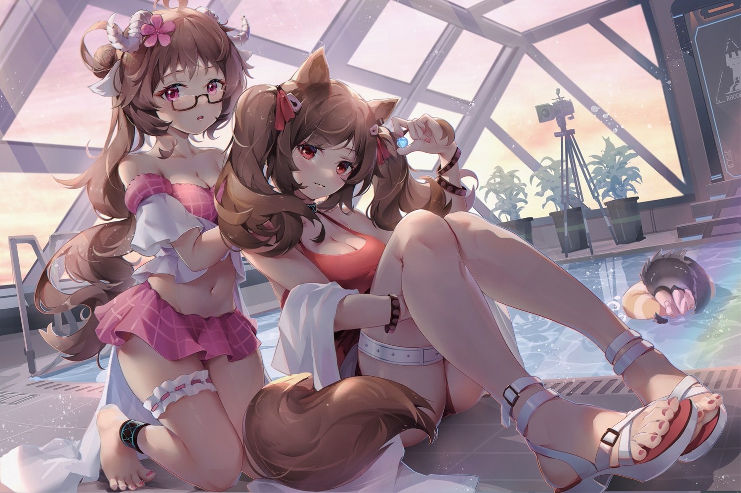 angelina_(arknights), animal_ears, arknights, asc11, barefoot, brown_hair, camera, clouds, eyjafjalla_(arknights), foxgirl, garter, glasses, horns, long_hair, navel, pool, purple_eyes, red_eyes, sheepgirl, sky, swim_ring, tail, tomimi_(arknights), twintails, water