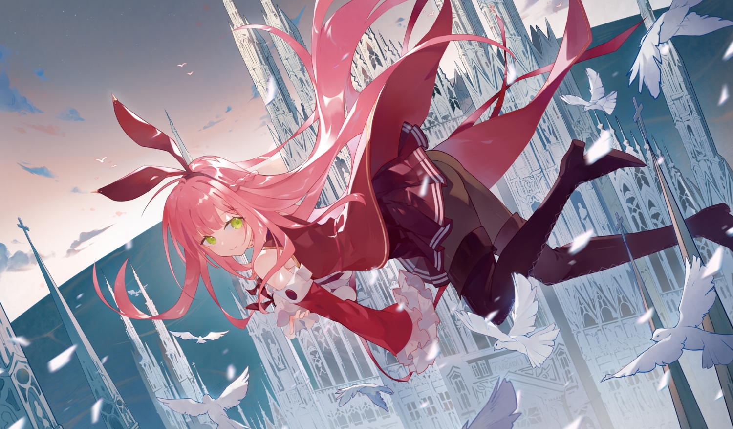 amari, animal, arcaea, bird, clouds, feathers, green_eyes, kou_(arcaea), long_hair, pink_hair, skirt, sky