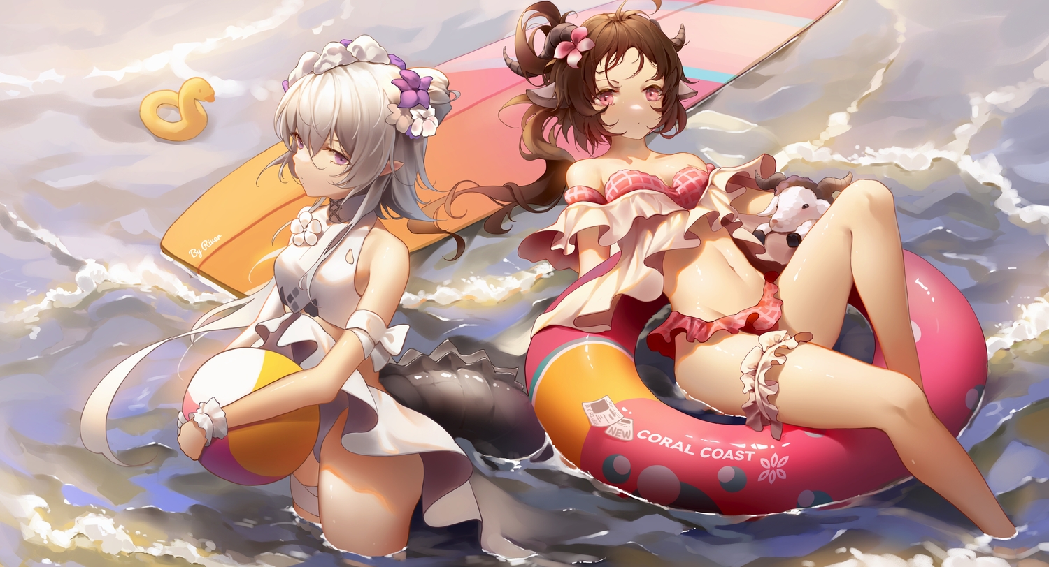 2girls, animal, animal_ears, arknights, ball, bikini, brown_hair, eyjafjalla_(arknights)