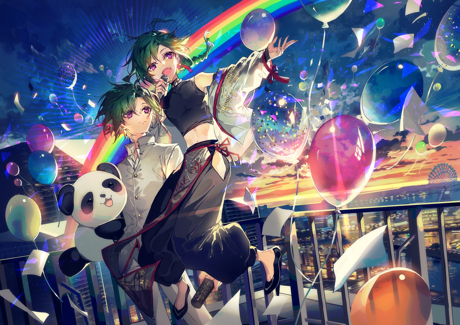 clouds, green_hair, mura_karuki, nijisanji, purple_eyes, rainbow, ryuushen, short_hair