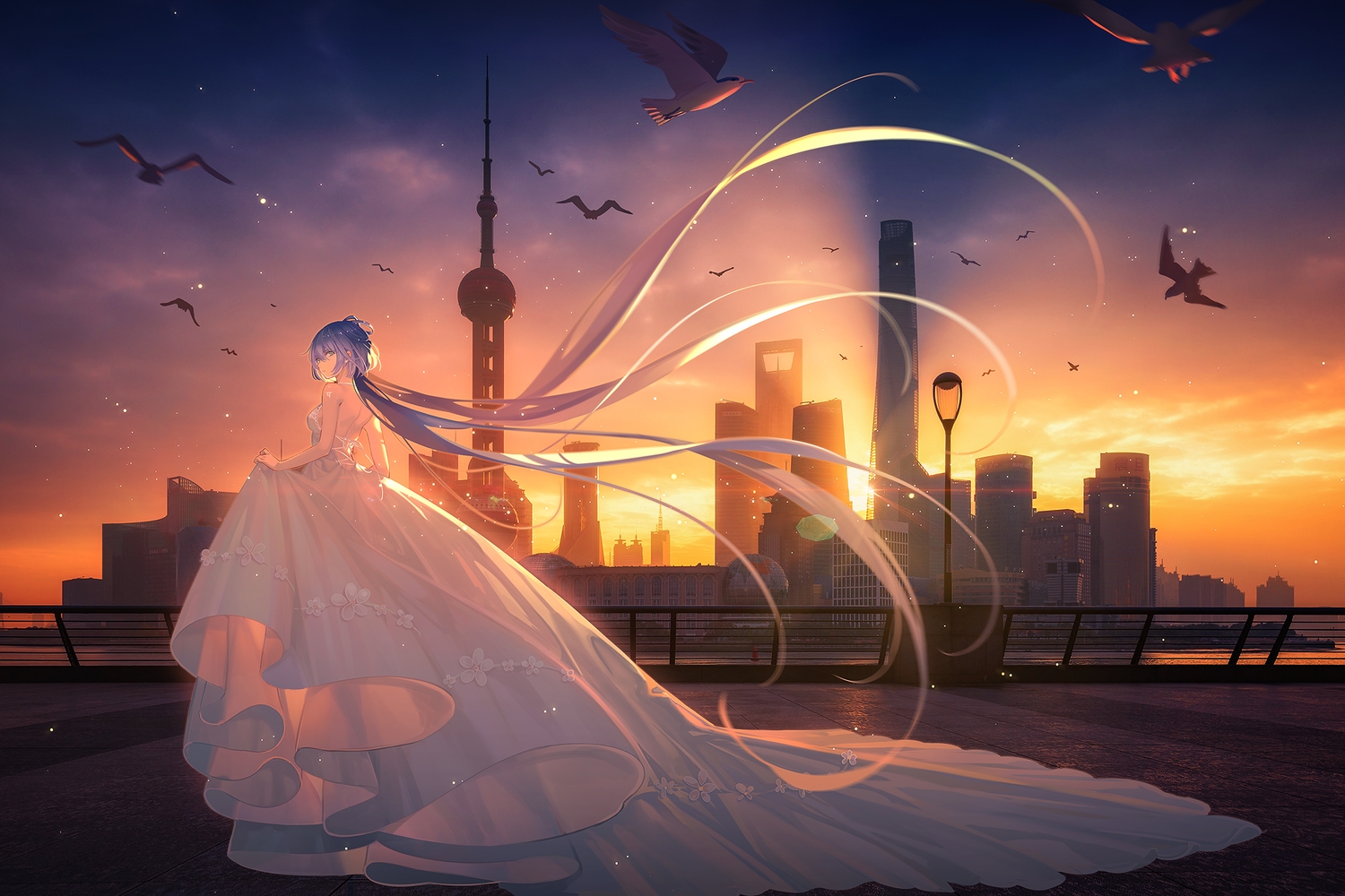 animal, bird, building, city, clouds, long_hair, luo_tianyi, purple_hair