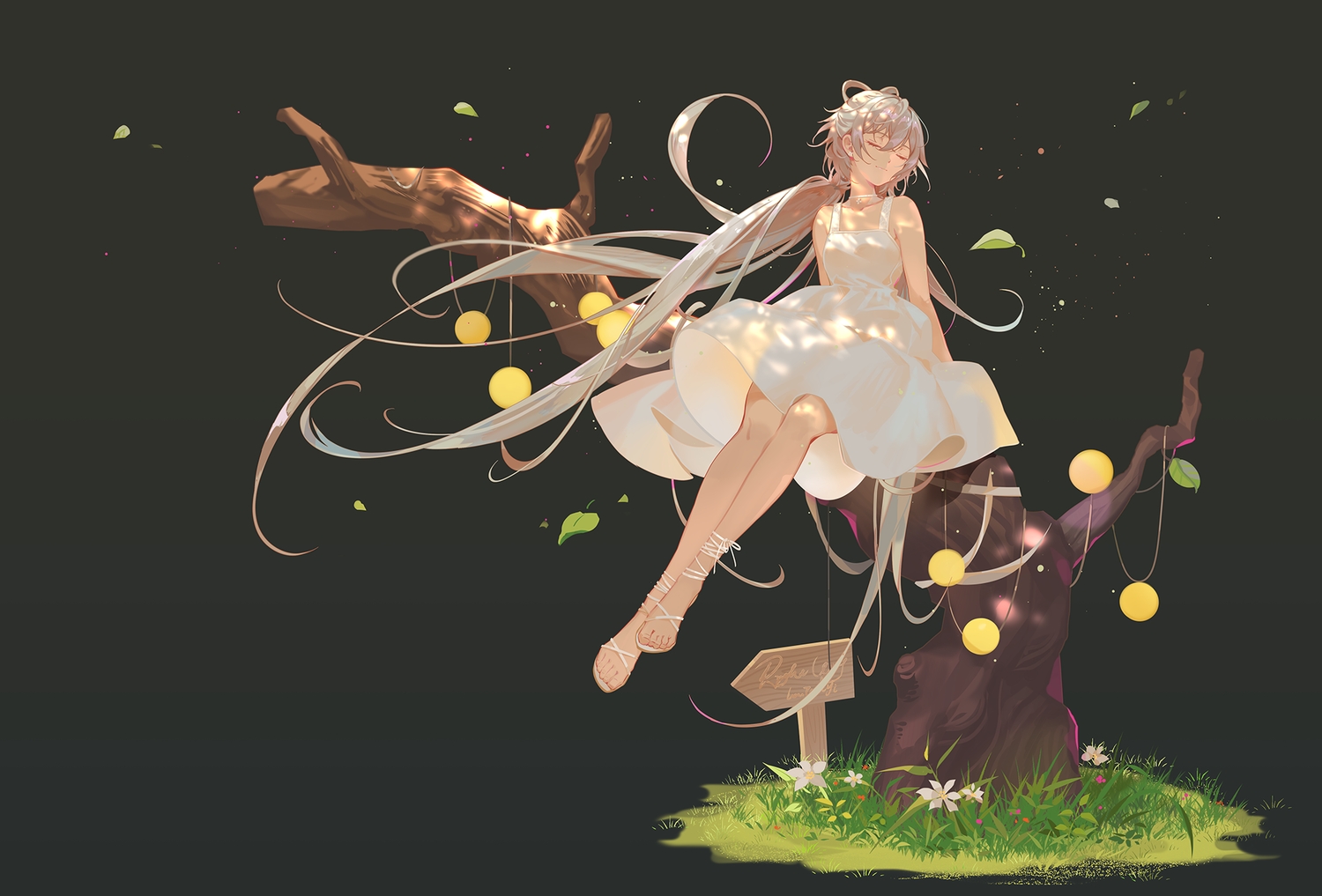 black, brown_hair, dress, flowers, gradient, grass, gray, long_hair