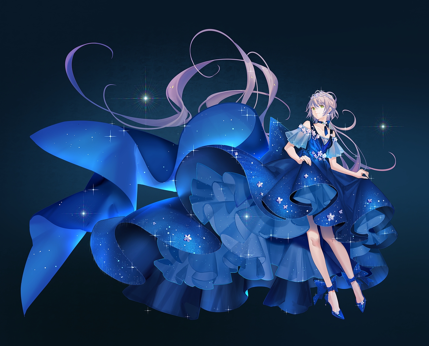 blue, dress, gradient, green_eyes, long_hair, luo_tianyi, purple_hair, tidsean